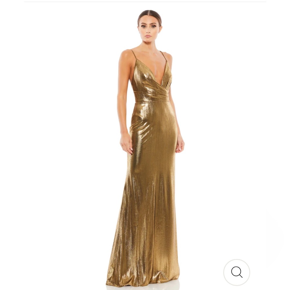 MacDuggal metallic faux wrap spaghetti strap gown in bronze size 6